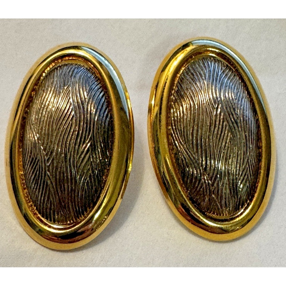 Vintage Two Tone Gold Bronze Textured Oval Stud Earrings Mixed Metal Statement